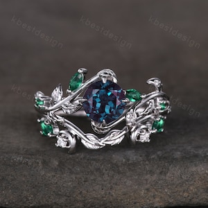 Vintage round cut alexandrite engagement ring silver art deco cluster leaf emerald wedding ring set nature inspired bridal promise ring