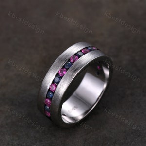 Mens Wedding Ring, Mens Blue Sapphire Wedding Band, 8mm Band, Brushed Finish Band, Mens Ruby Wedding Ring, Mens Ring, Personalized Ring