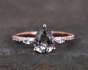 Pear shaped black rutilated quartz unique rose gold ring marquise cut moissanite wedding ring black gemstone ring Promise Anniversary Gift