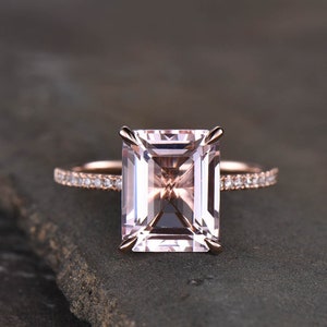 Rose Gold Morganite Ring, Emerald Cut Solitaire Morganite Engagement Ring, Wedding Ring, Statement Ring, Peach Morganite, Promise Ring