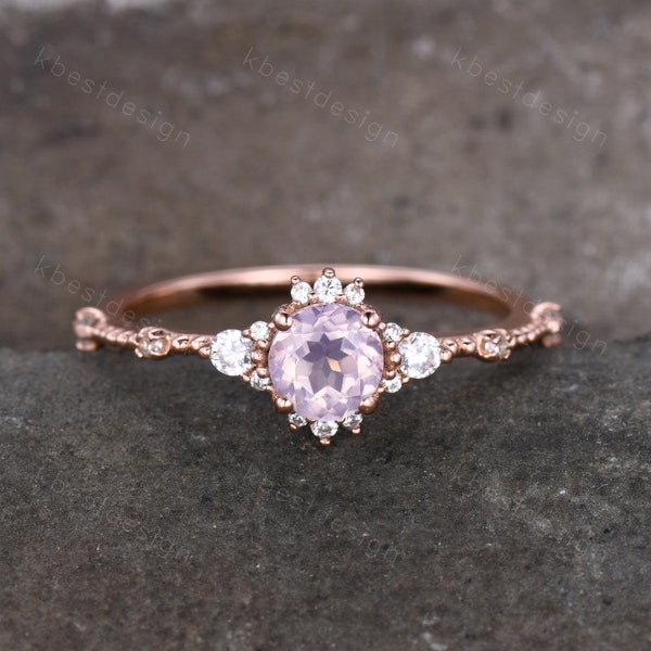 Dainty Rose Gold Lavender Amethyst Engagement Ring Unique Art Deco Amethyst Ring For Women February Birthstone Ring Wedding Promise Ring