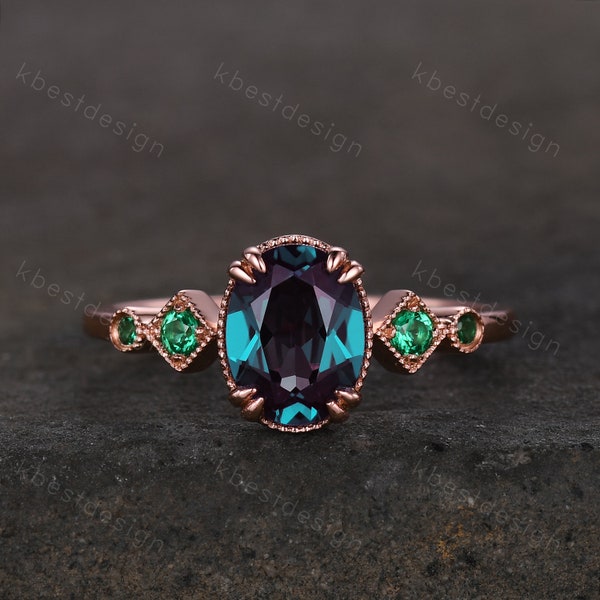 Alexandrite ring art deco vintage oval Alexandrite engagement ring five stone emerald ring women rose gold rings promise anniversary ring