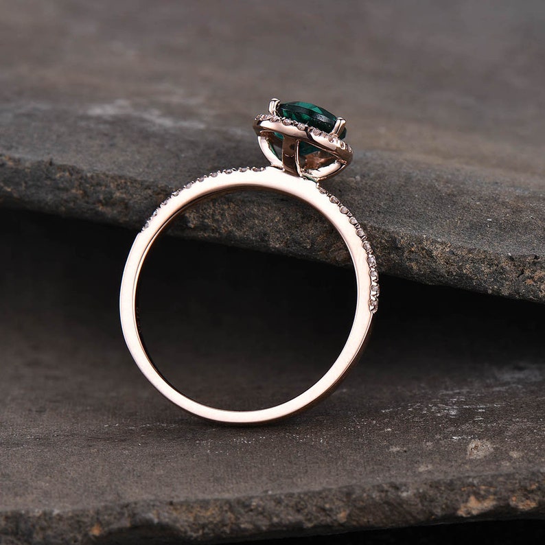 Emerald Ring, May Birthstone Ring, Pear Emerald Engagement Ring, Rose Gold Emerald Ring, Halo Ring, Promise Ring, Green Gemstone image 4