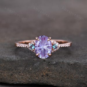 Firework cut alexandrite engagement ring rose gold art deco three stone ring oval cut bridal ring unique alexandrite promise ring for her