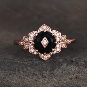 Vintage round Black Onyx engagement ring antique moissanite halo ring rose gold floral petal ring Nature inspired ring Promise ring