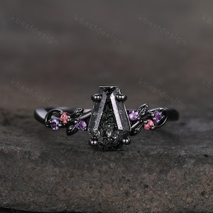 Coffin cut black rutilated quartz engagement ring black gold ring Art deco leaf design amethyst Bridal ring Unique promise ring