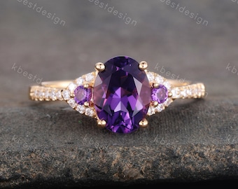 Natural Amethyst Ring, Purple Amethyst Engagement Ring, February Birthstone, Gemstone Ring, Anniversary Birthday Gift For Her, Yellow Gold