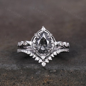 Vintage black rutilated quartz engagement ring silver ring art deco curved stacking band pear cut bridal set unique moissanite wedding set