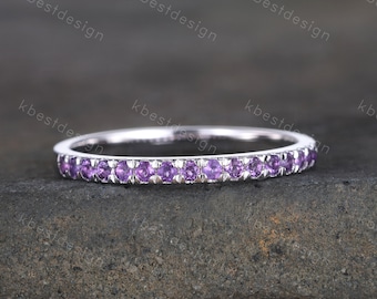 Amethyst Wedding Band, 1.5mm Half Eternity Amethyst Wedding Ring, Sterling Silver Ring, February Birthstone, Gemstone Band, Matching Band