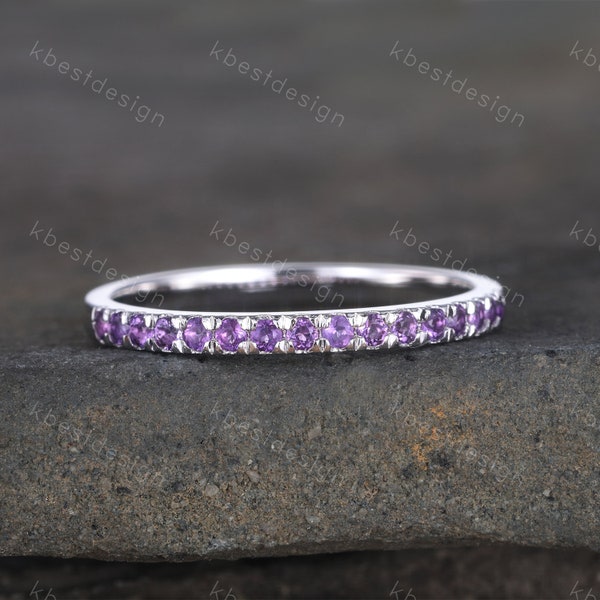 Amethyst Wedding Band, 1.5mm Half Eternity Amethyst Wedding Ring, Sterling Silver Ring, February Birthstone, Gemstone Band, Matching Band