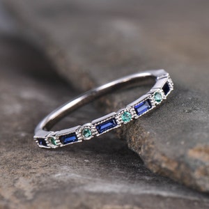 Sapphire and Emerald Ring, Sapphire Baguette Ring, Half Eternity Band, Stacking Ring, Silver Ring, Women's Wedding Ring, White Gold Ring