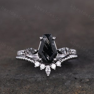 Coffin shaped black rutilated quartz engagement ring set unique art deco Moissanite wedding ring silver ring vintage bridal wedding ring set