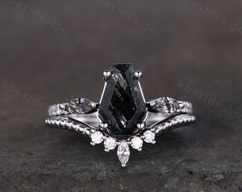 Coffin shaped black rutilated quartz engagement ring set unique art deco Moissanite wedding ring silver ring vintage bridal wedding ring set