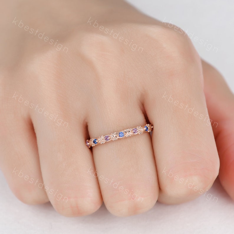 Antique Sapphire Wedding Band Women Rose Gold Band Amethyst Band Vintage Wedding Ring September Birthstone Stacking Ring Anniversary Gift image 7