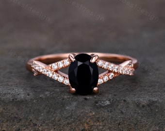 Delicate 1CT Oval Black Onyx Engagement Ring Rose Gold Criss Cross Ring Moissanite Pave Wedding Band Bridal Promise Ring Gift for Her