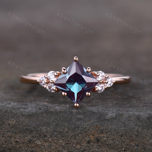 Princess cut Alexandrite ring rose gold ring for women vintage unique Alexandrite engagement ring art deco cluster bridal promise ring