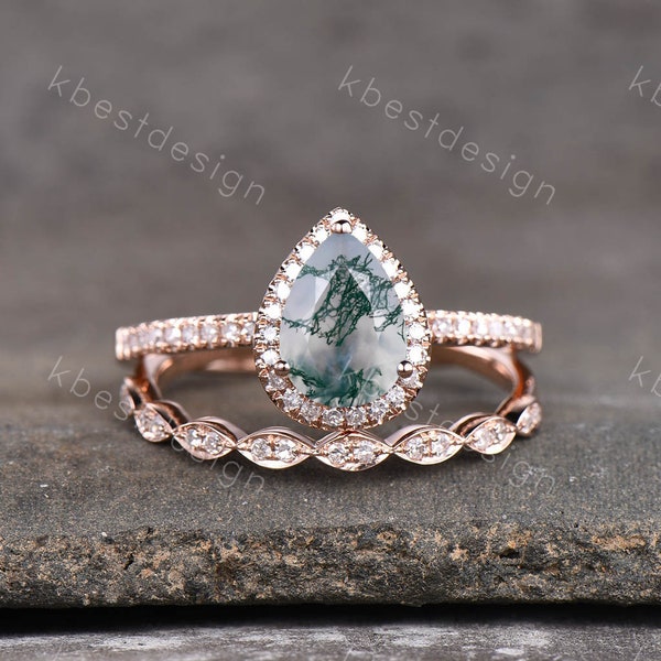 Art deco moss agate wedding ring set vintage moss agate engagement ring half eternity stacking matching band rose gold ring promise ring set