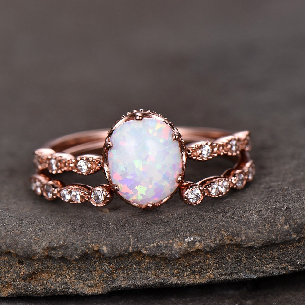 Opal Wedding Ring Set 8x10mm Oval White Fire Opal Art Deco Etsy