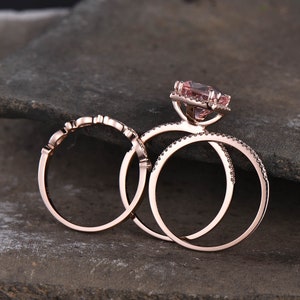 9mm Cushion Cut Morganite Engagement Ring Rose Gold Morganite Wedding Ring Set Art Deco Stacking Matching Bands Bridal Ring Set image 3