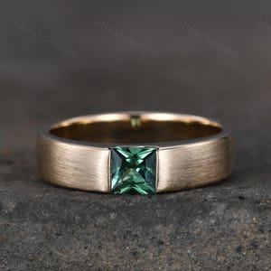 Mens Green Sapphire Wedding Band 14K Solid Gold Ring Princess Cut Teal Sapphire Mens Wedding Band Brush Finished Ring His Wedding Band