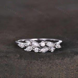 Moissanite cluster wedding band Unique marquise cut moissanite wedding band Vintage stacking matching band Silver ring Anniversary gift