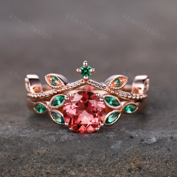 Sapphire emerald engagement ring set vintage unique rose gold engagement ring woman Marquise emerald wedding bridal Anniversary ring