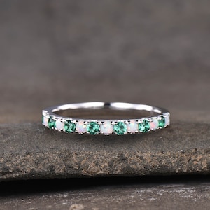 Emerald Opal Wedding Band, Half Eternity 2mm Opal Stacking Band, Silver Wedding Ring, Gemstone Band, Birthstone Ring, Anniversary Gift