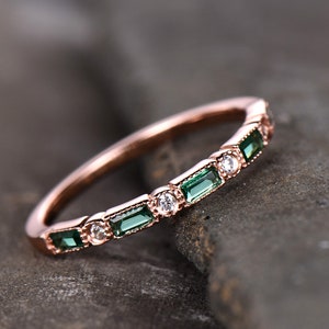 Emerald Wedding Band Half Eternity Band Art Deco Stacking Wedding Ring Anniversary Ring Sterling Silver Rose Gold Plated Milgrain