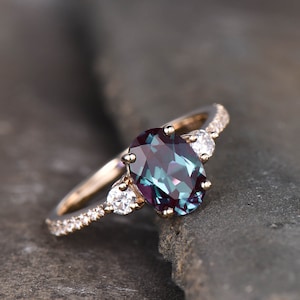 Alexandrite Ring, Oval Alexandrite Engagement Ring, Three Stone Design, June Birthstone Ring, Promise Ring, Anniversary Ring image 1