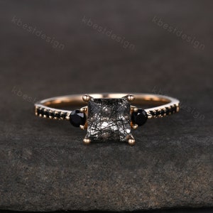 Princess Cut Natural Black Rutilated Quartz Engagement Ring Unique Black Spinel Ring Solid 14K Yellow Ring Three stone ring Promise Ring