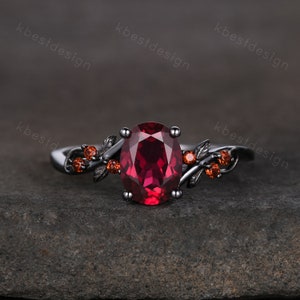 Vintage oval ruby engagement ring Black gold ring Art deco leaf design garnet wedding ring nature inspired ring bridal promise ring gift