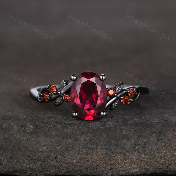 Vintage oval ruby engagement ring Black gold ring Art deco leaf design garnet wedding ring nature inspired ring bridal promise ring gift