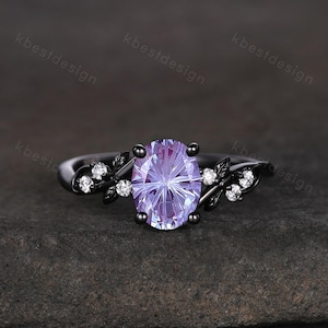 Firework cut alexandrite engagement ring black gold twig leaf moissanite ring oval cut bridal ring unique alexandrite promise ring for her