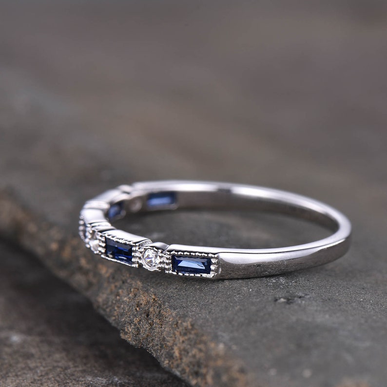 Sapphire Ring, Baguette Sapphire Wedding Ring, September Birthstone Ring, Minimalist Ring, Stacking Ring, Silver Vintage Ring, White Gold image 2