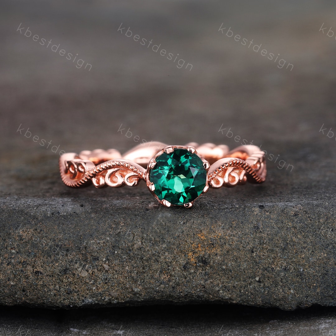 Emerald Ring, Vintage Round Cut Emerald Engagement Ring, May Birthstone ...