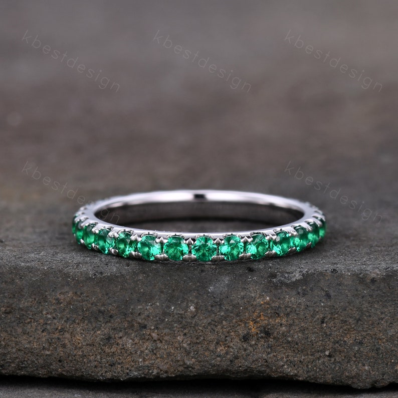2mm Round Cut Emerald Wedding Band Eternity Band Pave Stackable Band Minimalist Emerald Band May shops Birthstone Ring Anniversary Gift