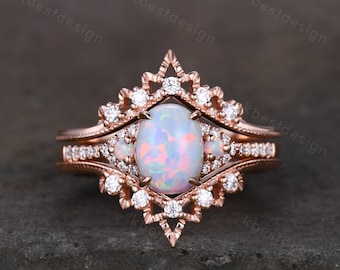 Oval Opal Engagement Ring Set, Rose Gold Rings for Women, Art Deco Stacking Band, Unique Double Curved Wedding Band, Bridal Promise Ring