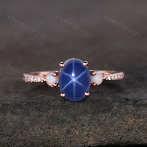 Star Sapphire Engagement Ring Oval Cut Galaxy Crystal Engagement Ring Rose Gold Opal Three stone Ring Unique Promise Ring September Ring