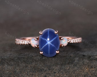 Star Sapphire Engagement Ring Oval Cut Galaxy Crystal Engagement Ring Rose Gold Opal Three stone Ring Unique Promise Ring September Ring