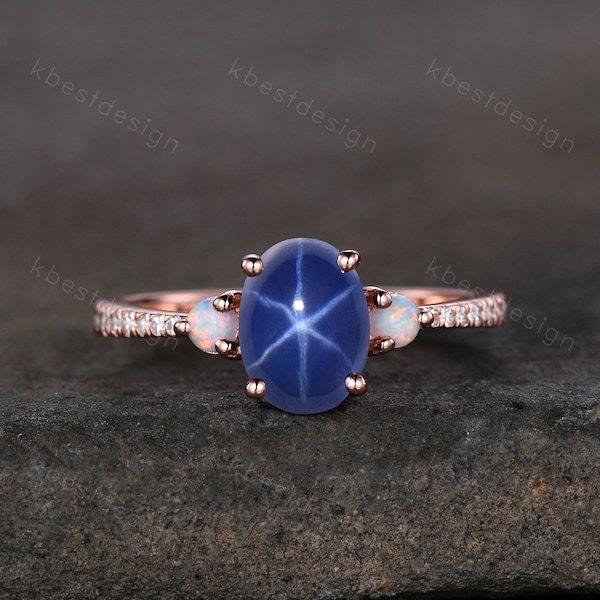 Star Sapphire Engagement Ring Oval Cut Galaxy Crystal Engagement Ring Rose Gold Opal Three stone Ring Unique Promise Ring September Ring