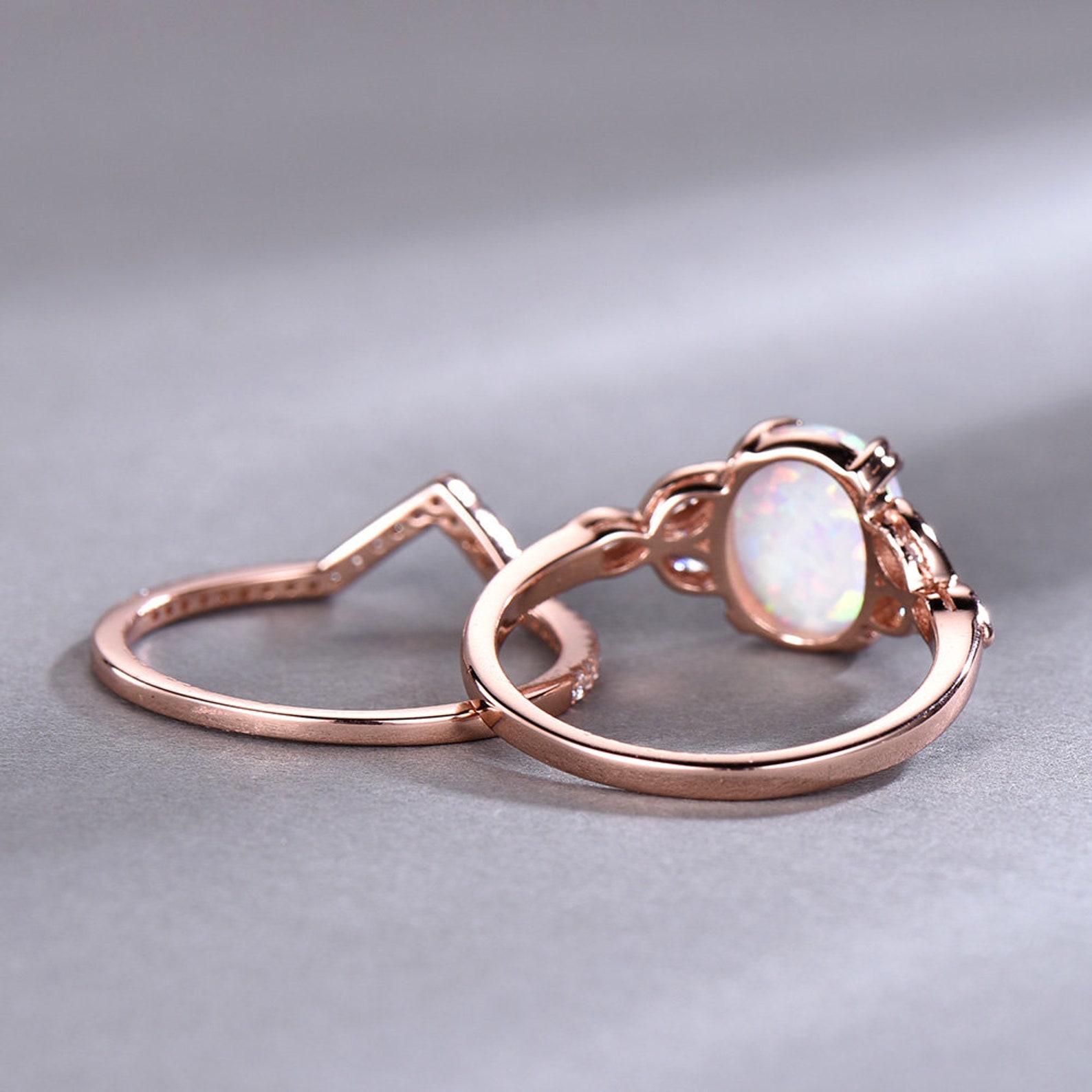 Opal Wedding Ring Set Opal Ring White Fire Opal Floral Etsy
