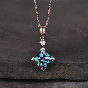3CT Lab Alexandrite Necklace, Unique Princess cut Pendant, Vintage Rose Gold Necklace, Alexandrite Silver Pendant, June Birthstone necklace
