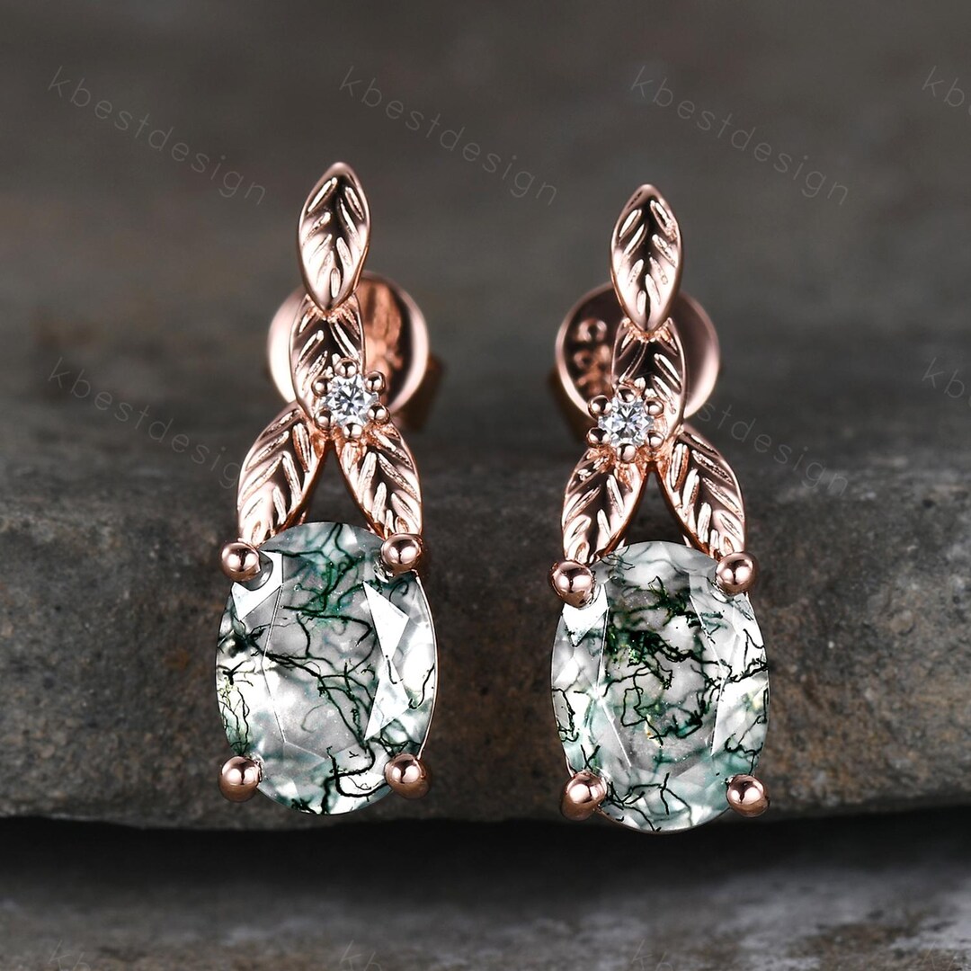 Women's Green Moss Stone Water Plants Agate Earrings