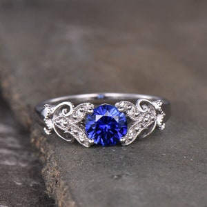 Antique Sapphire Ring, 925 Sterling Silver Sapphire Engagement Ring, Vintage Blue Sapphire Ring, September Birthstone, Gift for Her