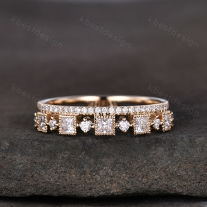 2mm princess cut Moissanite wedding band yellow gold milgrain bezel set wedding band art deco stacking matching band unique anniversary gift