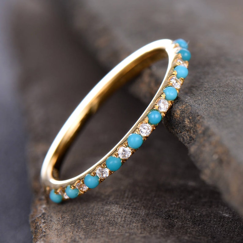 Turquoise Wedding Band Turquoise with CZ Diamonds Ring