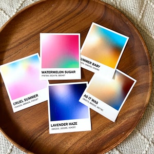 An array of 5 similar stickers including Watermelon Sugar, Summer Baby, As It Was, and Lavender Haze
