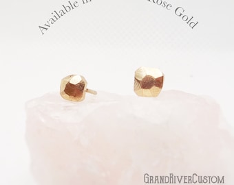 14k Solid Yellow Gold Stud Earrings, Faceted Pink Gold Studs, Minimalist Rose Gold Earrings