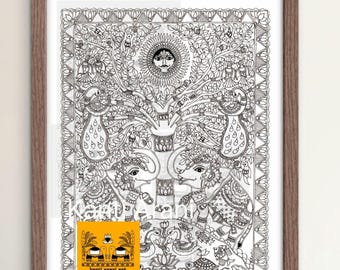 Madhubani Indian folk painting, Tree of Life Colouring prints.