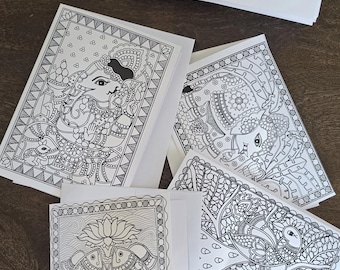 Madhubani greeting card Set of 4 Colour it yourself